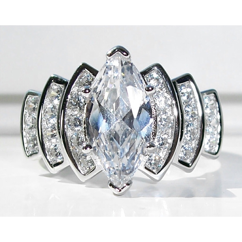 925 STERLING SILVER Marquise Cubic Zirconia Stair Step Tier Ring - Picture 2 of 16